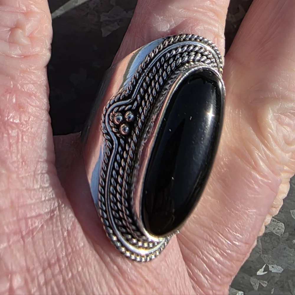 Long Black Onyx Boho Ring in 925 Sterling Silver (snug 9)